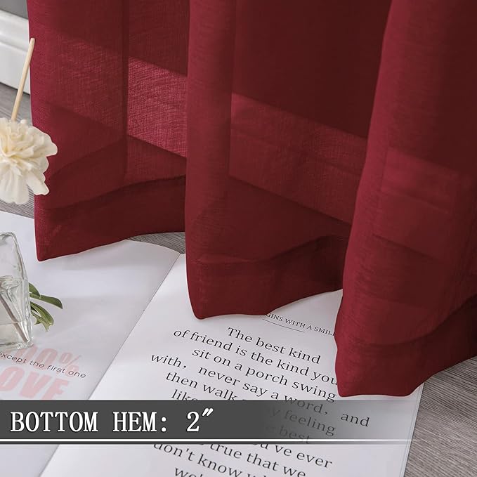Tollpiz Short Sheer Curtains Living Room Linen Textured Curtain Sheers Light Filtering Voile Rod Pocket Curtains for Bedroom, 38 x 45 inches Long, Burgundy Red, Set of 2 Panels