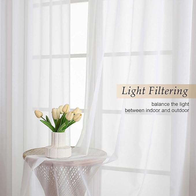 Sheer White Curtains for Bedroom Living Room 90 Inches Long 2 Panels Set, Soft Airy Light Filtering Sheer Window Treatments, Modern Rod Pocket Curtains Drapes, Each 59" Wx90 L Inch
