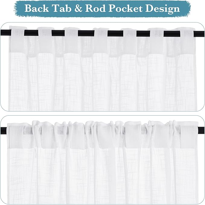 RYB HOME White Curtains & Drapes - Linen Textured Semi Sheer Curtains Privacy Panels for Living Room Bedroom Dining Bathroom Farmhouse Large Window Decor, W 70 x L 63, 2 Pcs