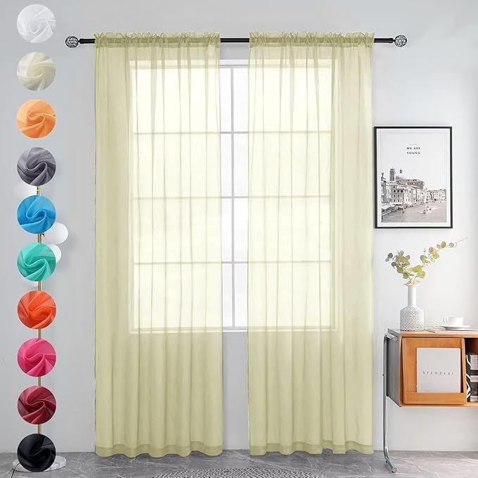 youleyar Solid Sheer Rod Pocket Curtain Voile Draperies 2 Panels White Beige Black Grey Ivory 52 Inch Width 108 Inch Long 1 Pair for Kitchen Bedroom Children Living Room Yard (Sage Green,52Wｘ108L)