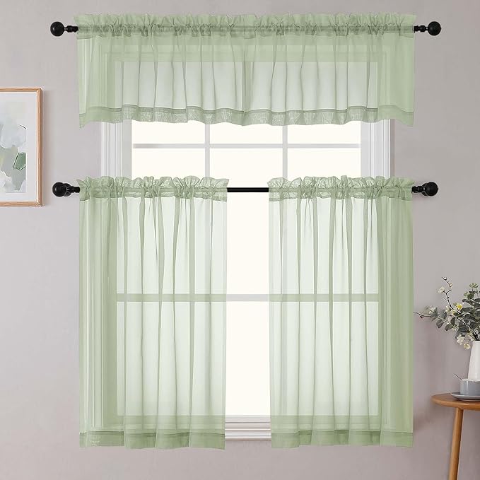 Kitchen Curtains 24 Inch Length Tier 2 Pieces, Light Green Sheer Curtain Solid Soft Sheer Short Curtains for Windows, Cafe Bathroom Basement Rod Pocket Drapes, Each 42" Wx24 L Inches