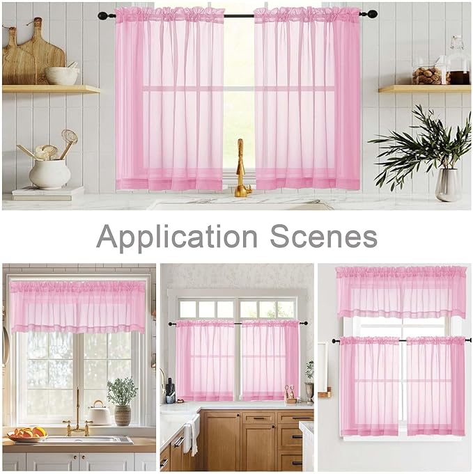 Kitchen Curtains 24 Inch Length Tier 2 Pieces, Pink Sheer Curtain Solid Soft Sheer Short Curtains for Windows, Cafe Bathroom Basement Rod Pocket Drapes, Pink, Each 42" Wx24 L Inches