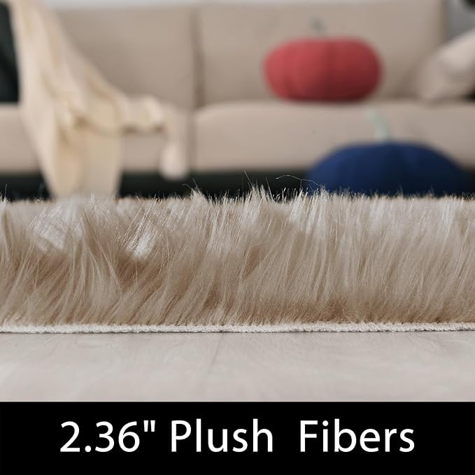 Latepis Light Brown Beige Round Area Rugs 5ft Faux Fur Fuzzy Rugs for Bedroom Washable Shag Rug for Living Room Floor Plush Rug Room Décor
