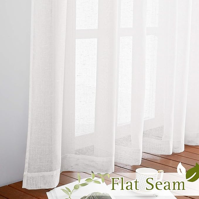 NICETOWN Linen Textured White Sheer Curtains for Living Room, Privacy Chic Sheer Curtains Window Treatment Semi Privacy Drapes for Farmhouse/Cottage, W52 x L120, 1 Pair