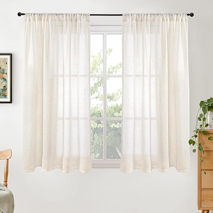 BGment Semi Sheer Linen Curtains 48 Inch Length for Windows, Beige Drapes Light Filtering for Short Bedroom Farmhouse Bathroom Cafe Decor Rustic Lightweight Rod Pocket, 2 Panels Set, 42 Inch Wide