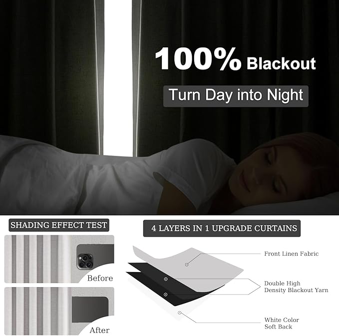 Topfinel Linen Gray Blackout Curtains 96 Inch Long, Boho Beige Gothic Viral Drapes Pinch Pleated Curtains with Hooks for Living Room, Neutral 8FT Back Tab Bedroom Curtains 52" X 96" 8 FT 2 Panels