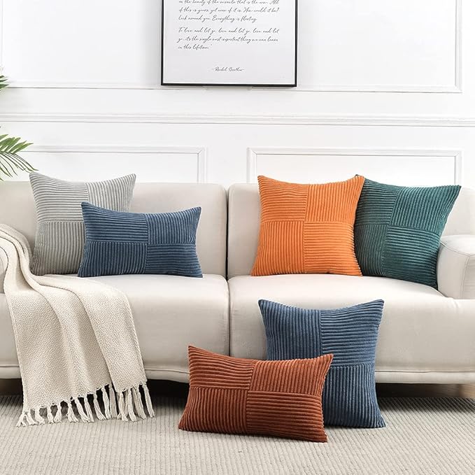 Fancy Homi 2 Packs Grey Long Lumbar Decorative Throw Pillow Covers 16x24 Inch for Couch Bed Sofa, Rustic Farmhouse Boho Home Decor, Soft Striped Corduroy Rectangle Accent Cushion Case 40x60 cm