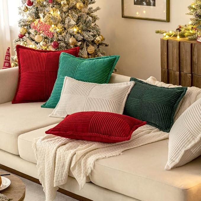 MIULEE Decorative Throw Pillow Covers for Couch Bed Livingroom 20x20 Inch Set of 2 White Boho Accent Throw Pllows Broadside Striped Patchwork Soft Corduroy Pillowcases