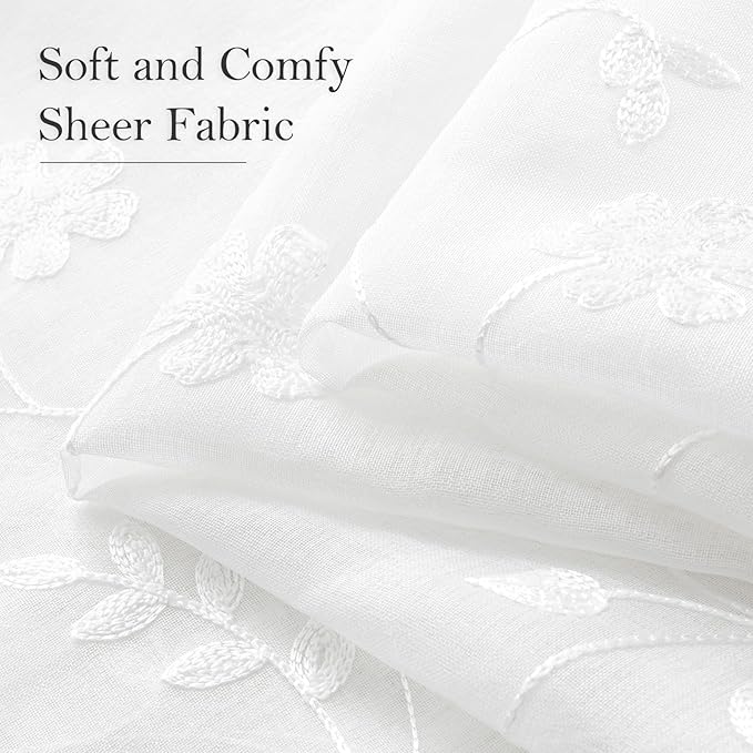 HOMEIDEAS White Sheer Curtains 84 Inches Long 2 Panels White Embroidered Floral Pattern Semi Sheer Window Curtains for Bedroom Living Room