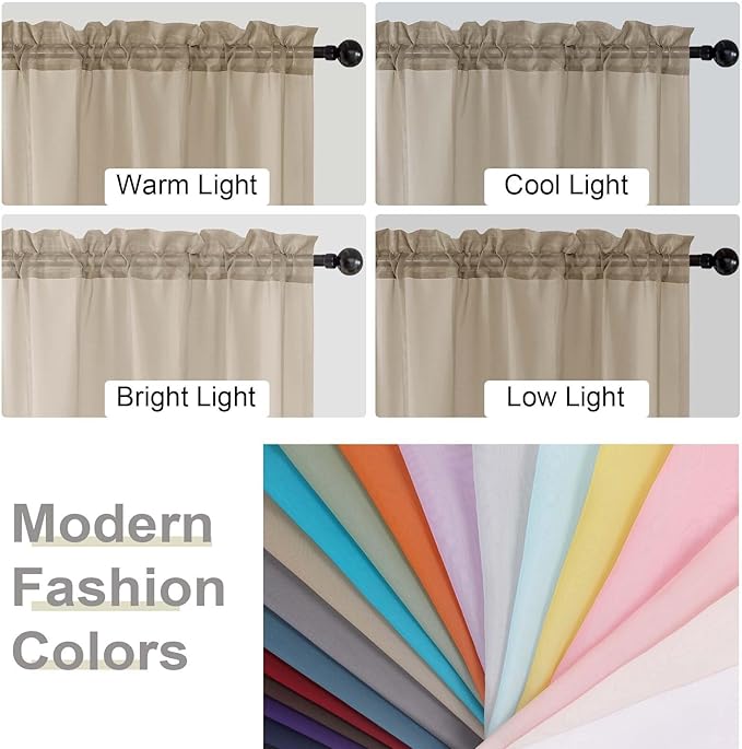 Taupe Valances for Windows, Taupe Sheer Curtains 14 Inch Length 2 Pack Kitchen Drapes, Modern Solid Mini Small Window Curtains for Cafe Bathroom Basement, Each 42" Wx14 L Inches