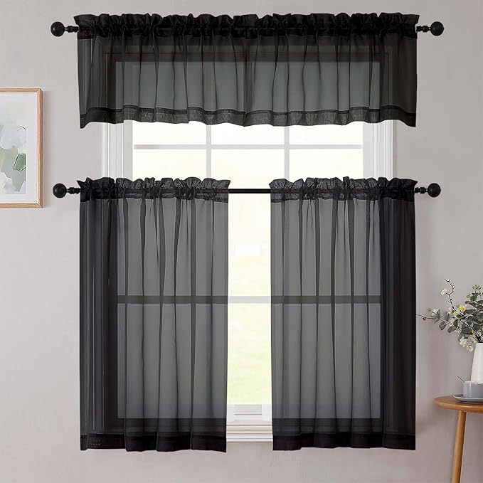 Kitchen Curtains 24 Inch Length Tier 2 Pieces, Black Sheer Curtain Solid Soft Sheer Short Curtains for Windows, Cafe Bathroom Basement Rod Pocket Drapes, Black, Each 42" Wx24 L Inches