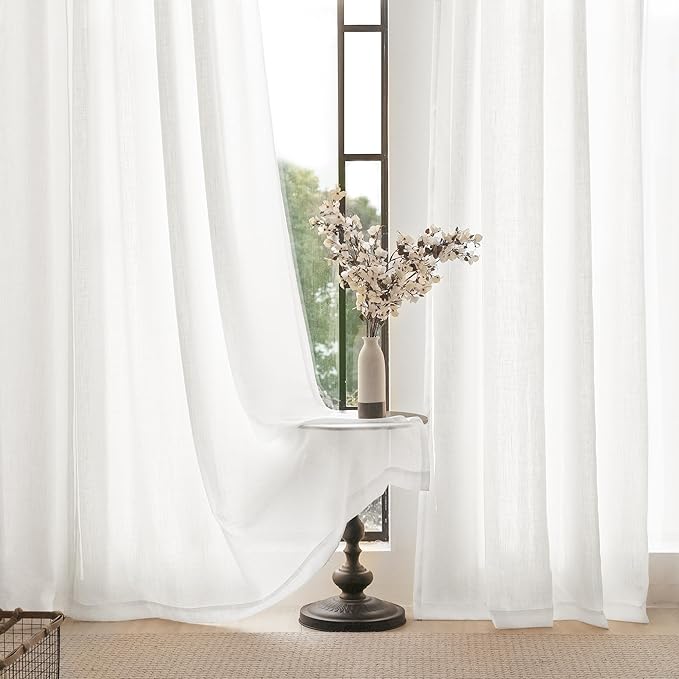 White Curtains 102 inches Long 2 Panels Back Tab Light Filtering Cotton Textured Curtain Modern Farmhouse Coastal Decor Off White Linen Drapes 102 inch Length for Patio Sliding Door Office Bedroom