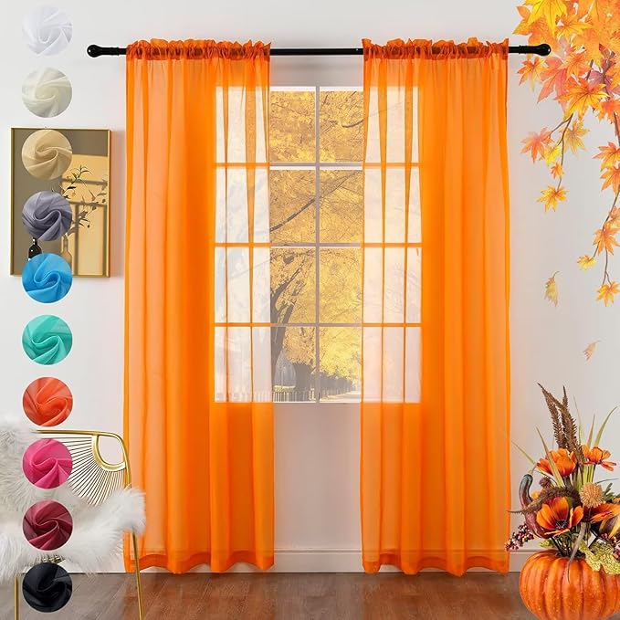 youleyar Solid Sheer Rod Pocket Curtain Voile Draperies 2 Panels White Beige Black Grey Coffee 52 Inch Width 63 Inch Long 1 Pair for Kitchen Bedroom Children Living Room Yard (Orange,52Wｘ63L)