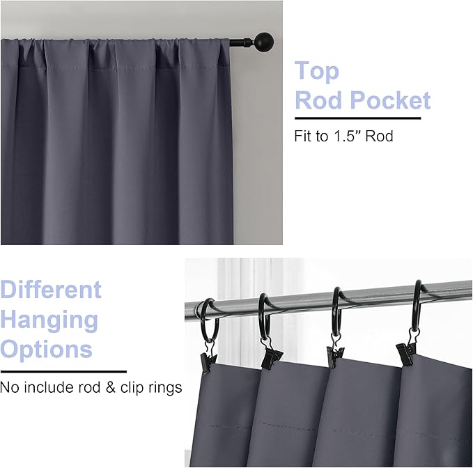 Simplebrand Ava Grey Blackout Curtains for Bedroom 96 Inches Long 2 Panels, Solid Thermal Insulated, Energy Saving Living Room Window Treatment Curtains Blackout Drapes, W40 x L96 Inch, Grey