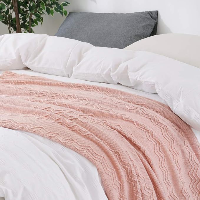 BOURINA Pink Throw Blanket 60x80 Inches Throw Textured Solid Soft Sofa Throw Couch Knitted Decorative Blanket