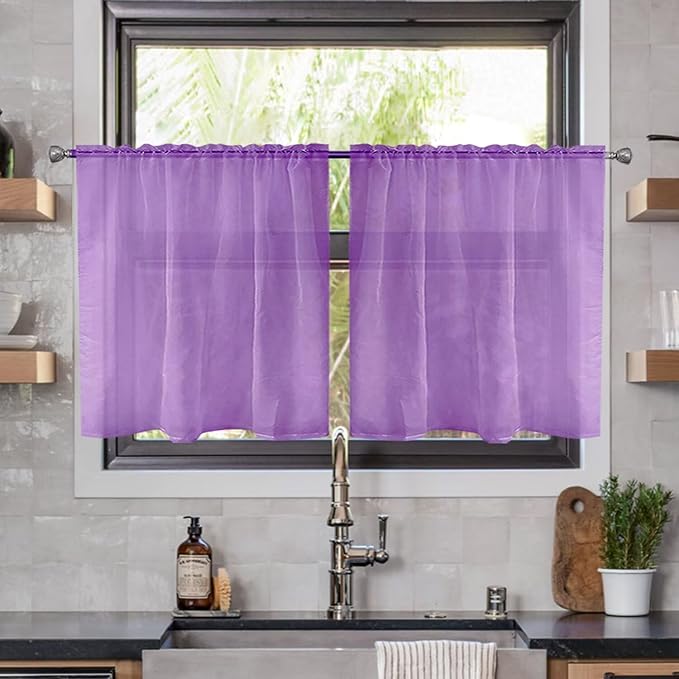 youleyar Solid Sheer Rod Pocket Curtain Voile Draperies 2 Panels White Beige Black Ivory Coffee 26 Inch Width 40 Inch Long 1 Pair for Kitchen Bedroom Children Living Room Yard(Lavender,26W x 40L)
