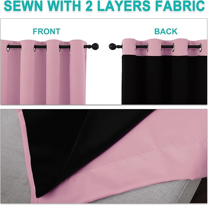 NICETOWN Total Shade Curtains and Draperies, Heavy-Duty Full Light Shading Drapes with Black Liner Backing for Villa/Hall/Dorm Window(Crystal Pink, Package of 2, 55 inches Wide x 96 inches Long)
