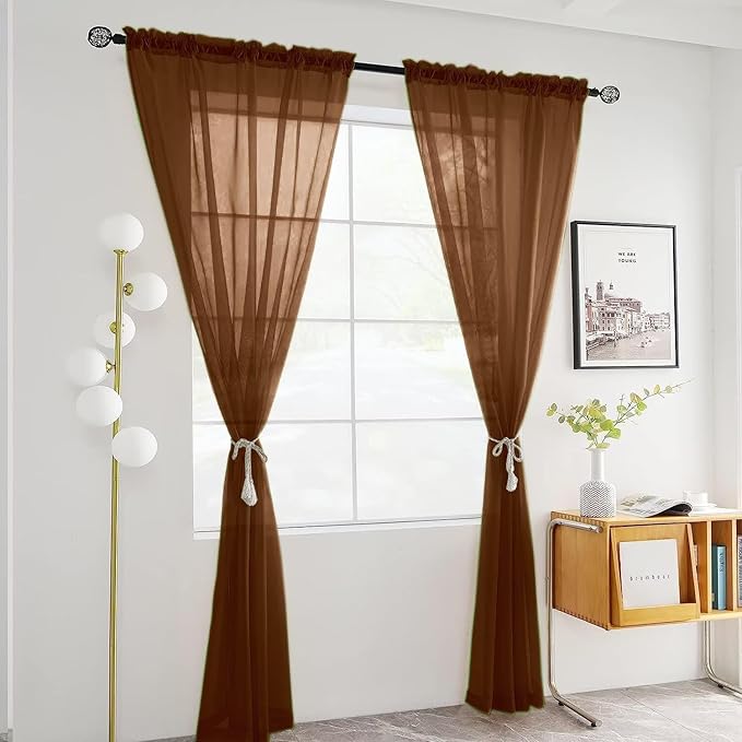 SpaceDresser Sheer Voile Window Treatment Rod Pocket Curtain Panels for Kitchen Bedroom Living Room Drapes Sunlight Filtering Privacy Semi Home Decor Assorted (Brown, 52 W x 45 L)