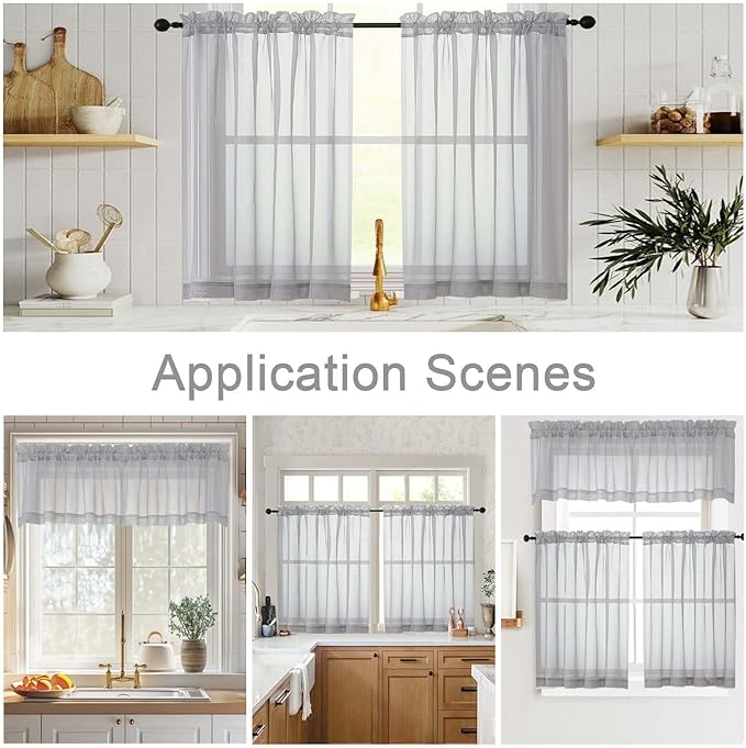 Light Grey Valances for Windows, Light Grey Sheer Curtains 14 Inch Length 2 Pack Kitchen Curtain, Modern Solid Mini Small Window Curtains for Cafe Bathroom Basement, Each 42" Wx14 L Inches