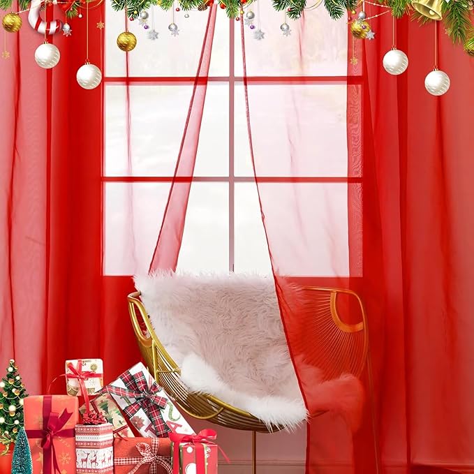 youleyar Solid Sheer Rod Pocket Curtain Voile Draperies 4 Panels White Beige Black Grey Ivory 52 Inch Width 84 Inch Long 1 Pair for Kitchen Bedroom Children Living Room Yard(Red,52 Wｘ84 L)