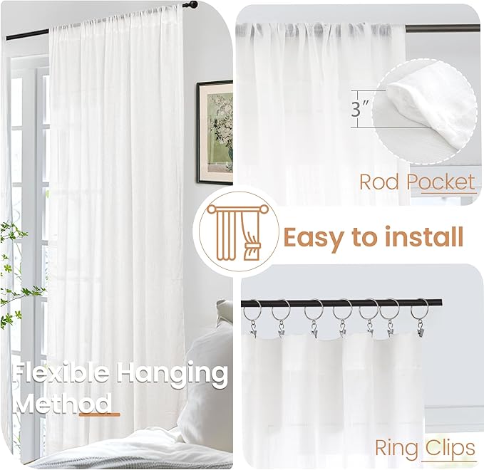 BGment White Linen Curtains 54 Inch Length for Living Room - Rod Pocket Textured Drapes Light Filtering for Bedroom Country Decorative Lightweight Natural Rustic, 2 Panels Set, 42 X 54 Inch