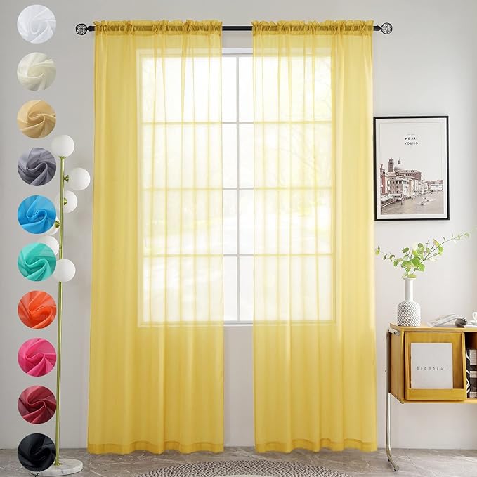 youleyar Solid Sheer Rod Pocket Curtain Voile Draperies 2 Panels White Beige Black Grey Coffee 52 Inch Width 45 Inch Long 1 Pair for Kitchen Bedroom Children Living Room Yard (Yellow,52Wｘ45L)