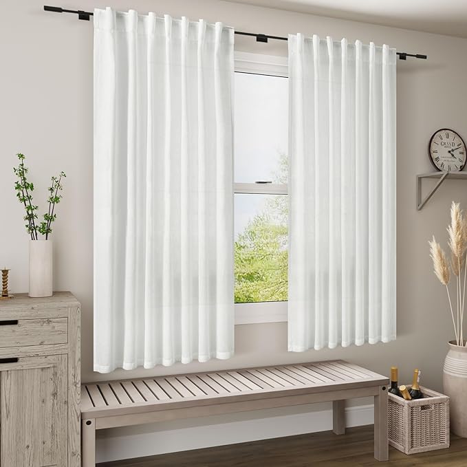 Nanspring White Linen Curtains 67 Inch Length for Living Room Semi Sheer Light Filtering Privacy Back Tab Rod Pocket Drapes 2 Panels Set Neutral Modern Farmhouse Window Curtain for Bedroom 52x67
