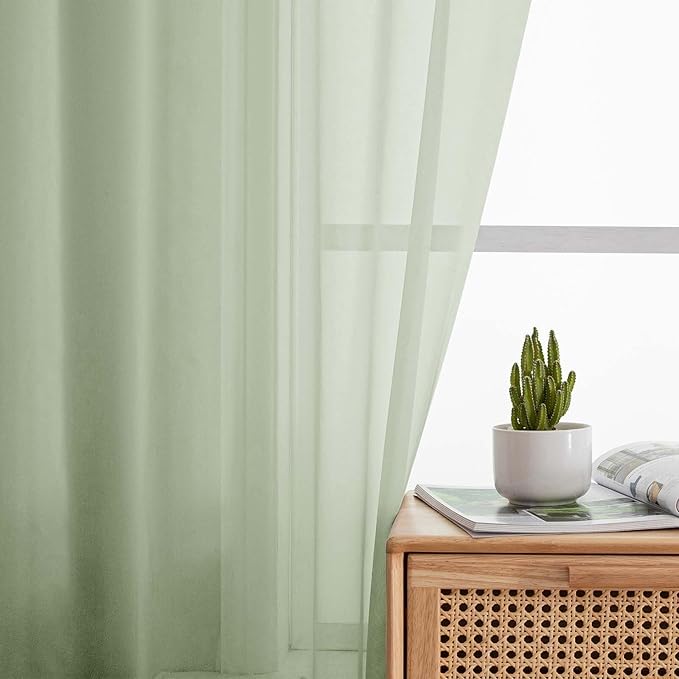 Kitchen Curtains 24 Inch Length Tier 2 Pieces, Light Green Sheer Curtain Solid Soft Sheer Short Curtains for Windows, Cafe Bathroom Basement Rod Pocket Drapes, Each 42" Wx24 L Inches