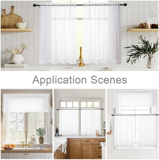 Cafe Curtains 36 Inch Length Tier 2 Pieces, Modern Soft Airy Sheer Kitchen Short Curtains for Small Window, Rod Pocket Small Curtain for Bathroom Basement, White, Each, 42" Wx36 L Inches