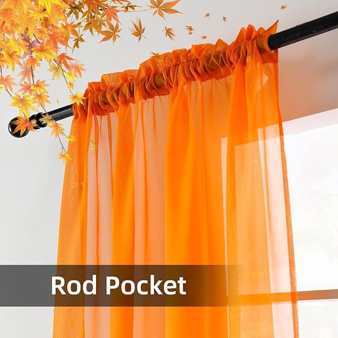 youleyar Solid Sheer Rod Pocket Curtain Voile Draperies 4 Panels White Beige Black Grey Ivory 52 Inch Width 84 Inch Long 1 Pair for Kitchen Bedroom Children Living Room Yard(Orange,52 Wｘ84 L)