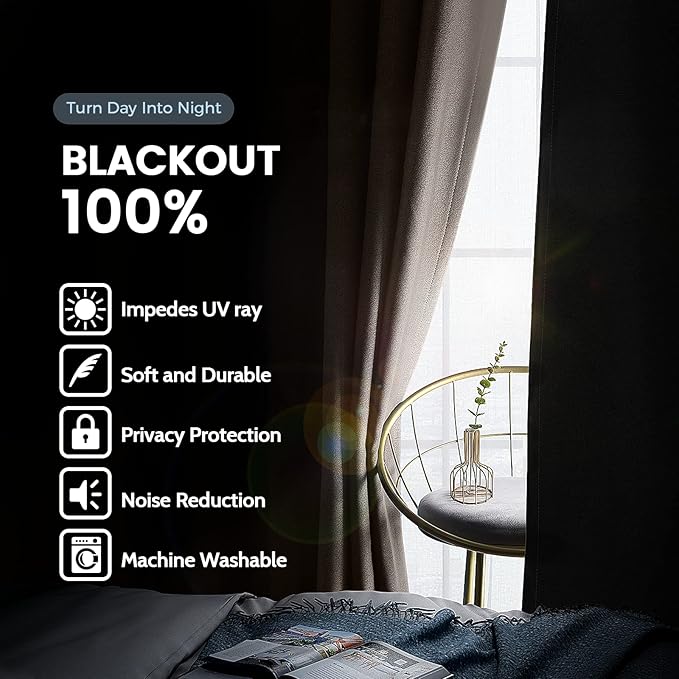 SimpleHome 100% Blackout Curtains for Bedroom,Thermal Insulated Grommet Window Drapes Room Darkening Cream Curtains for Living Room with Black Back,42 x 63 Inch,2 Panels