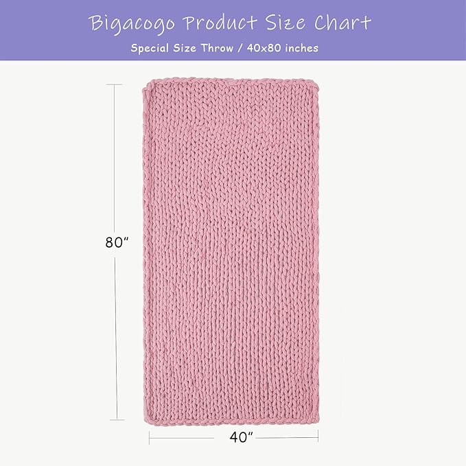Bigacogo Chunky Knit Throw Blanket for Couch, 40x80 inches, 100% Hand Knitted with Thick Jumbo Chenille Yarn, Cozy Soft Large Rope Knot Cable Crochet Blankets for Sofa Bed Living Room, Blush Pink