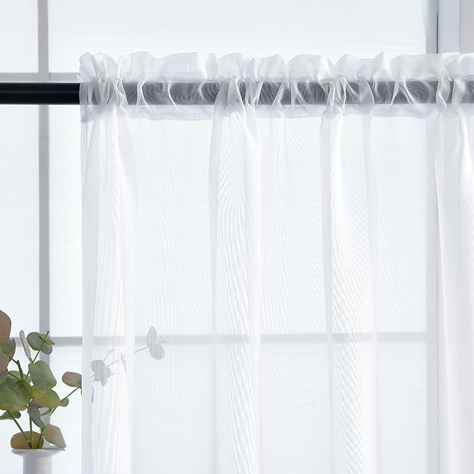 youleyar Solid Sheer Rod Pocket Curtain Voile Draperies 2 Panels White Beige Black Grey Coffee 38 Inch Width 45 Inch Long 1 Pair for Kitchen Bedroom Children Living Room Yard(White,38Wｘ45L)