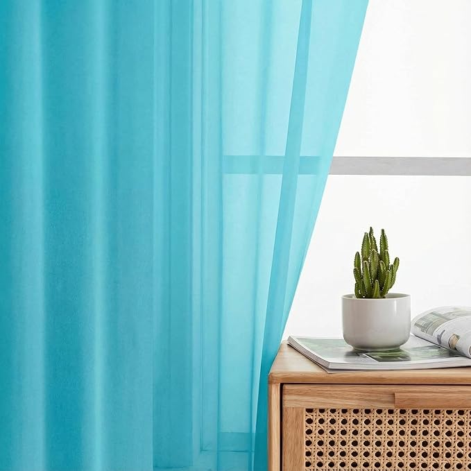 Sheer Curtains 63 Inch Length 2 Panels Set for Living Room Bedroom, Airy Soft Light Filtering Sheer Dining Room Curtains, Modern Rod Pocket Drapes, Aqua, Each 42" Wx63 L