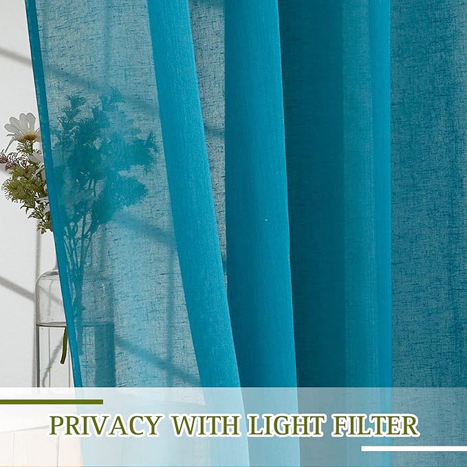 NICETOWN Semi Sheer Curtains Flax Linen Texture, (Peacock Green) Grommet Retro Window Treatment Linen Weave Vertical Drapes Privacy with Light Filter for Living Room, 2 Panels, W52 x L84
