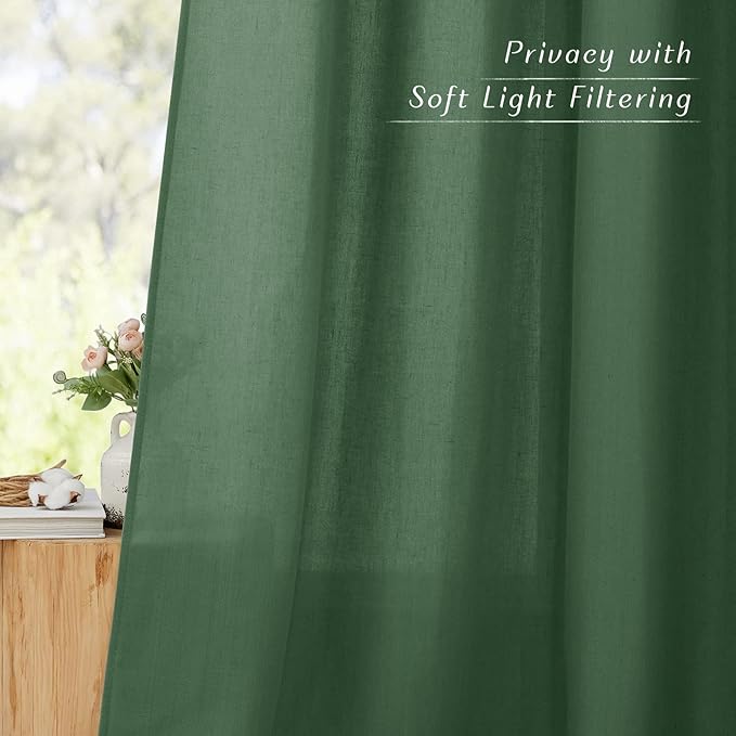 NICETOWN Flax Olive Green Linen Curtains for Room Divider, Grommet Top Thick Flax Semi Sheer Vertical Drapes Privacy Assured with Light Filtering for Sliding Glass Door, W68 x L84, 2 Pieces
