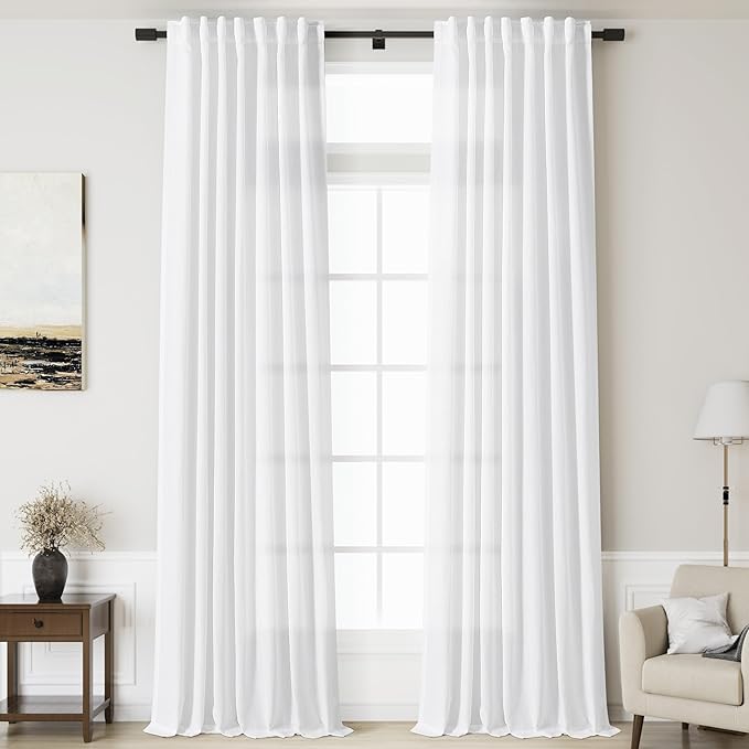 Nanspring White Linen Curtains 129 Inches Long for Living Room Extra Long Back Tab Curtains Farmhouse Light Filtering Semi Sheer Linen Drapes Ceiling to Floor for Large Window 2 Panels Set 52x129