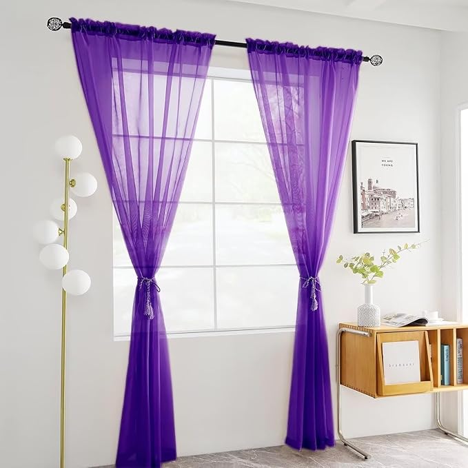 youleyar Solid Sheer Rod Pocket Curtain Voile Draperies 2 Panels White Beige Black Ivory Coffee 22 Inch Width 30 Inch Long 1 Pair for Kitchen Bedroom Children Living Room Yard(Purple,22W x 30L)