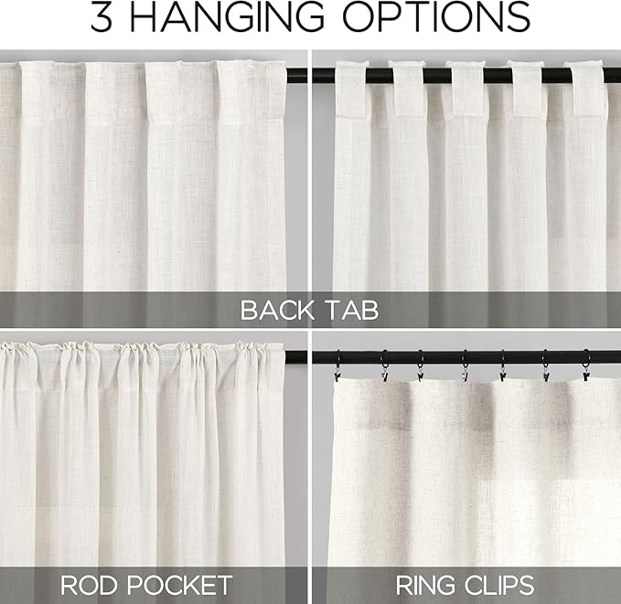 Beige White Linen Curtains for Kitchen Windows Over Sink Neutral 30 Inch Length Back Tab and Rod Pocket Light Filtering Semi Sheer Cafe Curtain for Bathroom RV Small Window 26 x 30 Inch,2 Panels