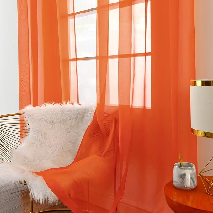 SpaceDresser Burnt Orange Sheer Curtains 4 Panels Rod Pocket Semi-Sheer Curtain 45 Inches Long Light Filtering Voile Window Drapes for Bedroom Living Room Kitchen, Each 52W x 45L