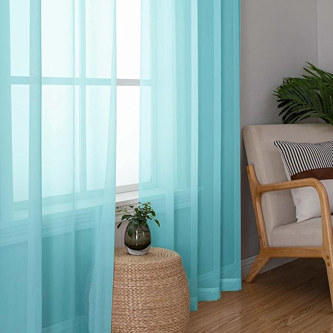 Lecloud Aqua Sheer Curtains for Living Room 63 Inch Length 2 Pcs, Voile Light Filtering Modern Farmhouse Decor Drapes, Rod Pocket Window Curtains for Bedroom Dining Room, Each Panel 42" W x 63" L