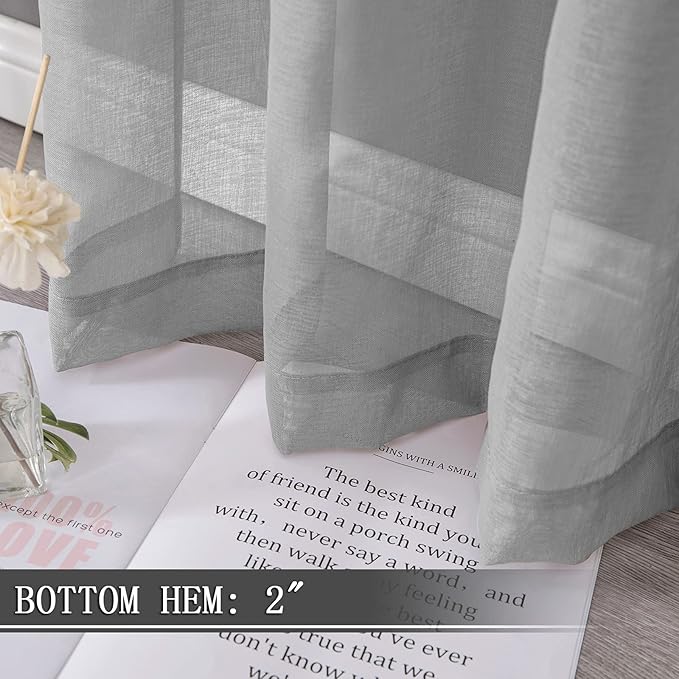 Tollpiz Short Sheer Curtains Living Room Linen Textured Curtain Sheers Light Filtering Voile Rod Pocket Curtains for Bedroom, 38 x 45 inches Long, Silver Grey, Set of 2 Panels