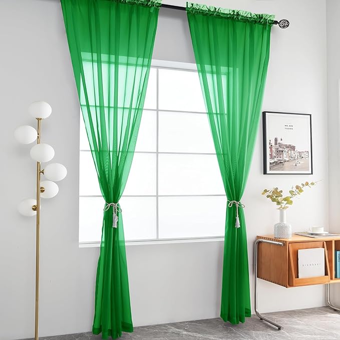 youleyar Solid Sheer Rod Pocket Curtain Voile Draperies 2 Panels White Beige Black Grey Coffee 52 Inch Width 84 Inch Long 1 Pair for Kitchen Bedroom Children Living Room Yard (Green,52Wｘ84L)
