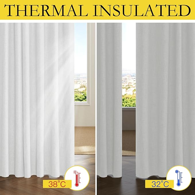 NICETOWN 100% Absolutely Blackout Linen Curtains with Thermal Insulated Liner, Greyish White, 52" Wide, 45" Length Energy Saving Curtains for Living Room 2 Panels Set, Vertical Blinds