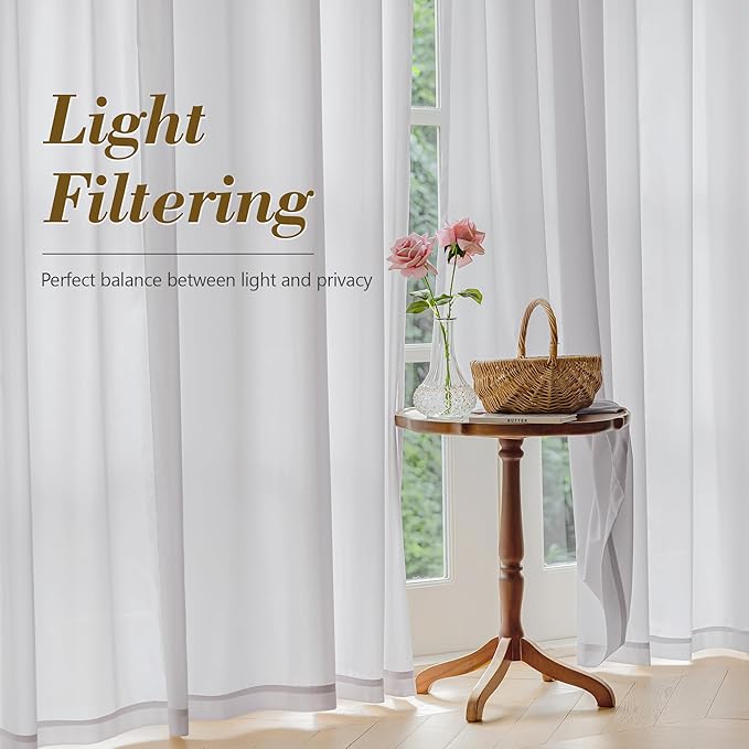 FMFUNCTEX Sheer Non-See-Through Grey Curtains for Bedroom, Faux Silk that Let Light Curtains 90 inches Long Light Filtering Privacy Sheer Window Drapes for Living Room, Rod Pocket 2 Panels Set