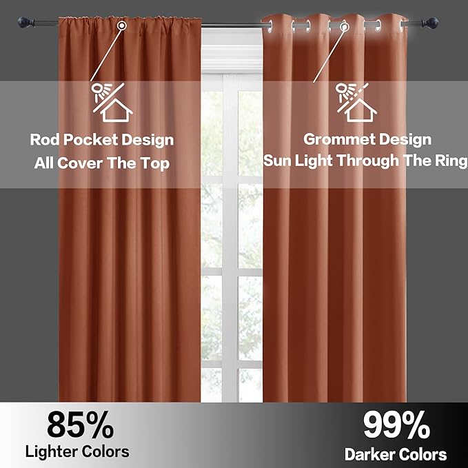 RYB HOME Blackout French Door Window Curtain Covering, Rod Pocket Thermal Insulated Privacy Non See Through Drapes for Bathroom Window, Width 29 by Length 45, Burnt Orange, 2 Panels