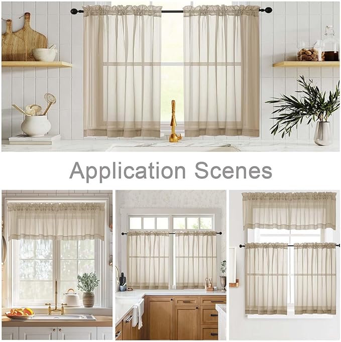 Cafe Curtains 36 Inch Length Tier 2 Pieces, Modern Soft Airy Sheer Kitchen Short Curtains for Small Window, Rod Pocket Small Curtain for Bathroom Basement, Taupe, Each, 42" Wx36 L Inches