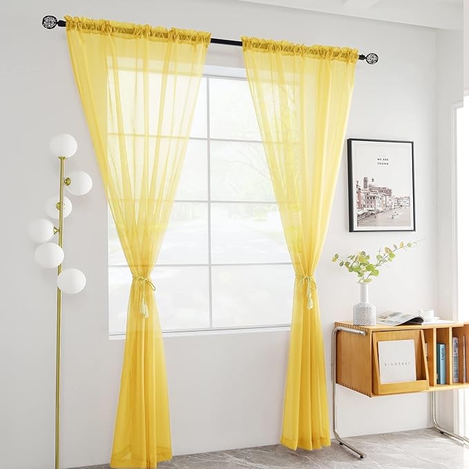 youleyar Solid Sheer Rod Pocket Curtain Voile Draperies 2 Panels White Beige Black Grey Coffee 52 Inch Width 45 Inch Long 1 Pair for Kitchen Bedroom Children Living Room Yard (Yellow,52Wｘ45L)