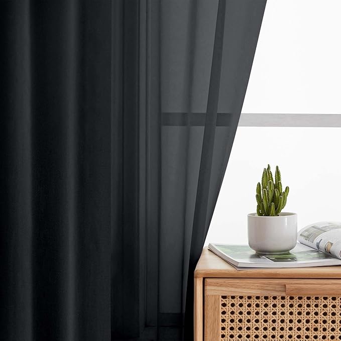 Black Sheer Curtain for Bedroom Living Room 72 Inches Long 2 Panels Set, Solid Soft Airy Light Filtering Sheer Window Curtains, Modern Rod Pocket Door Curtain, Black, 42" Wx72 L Inches