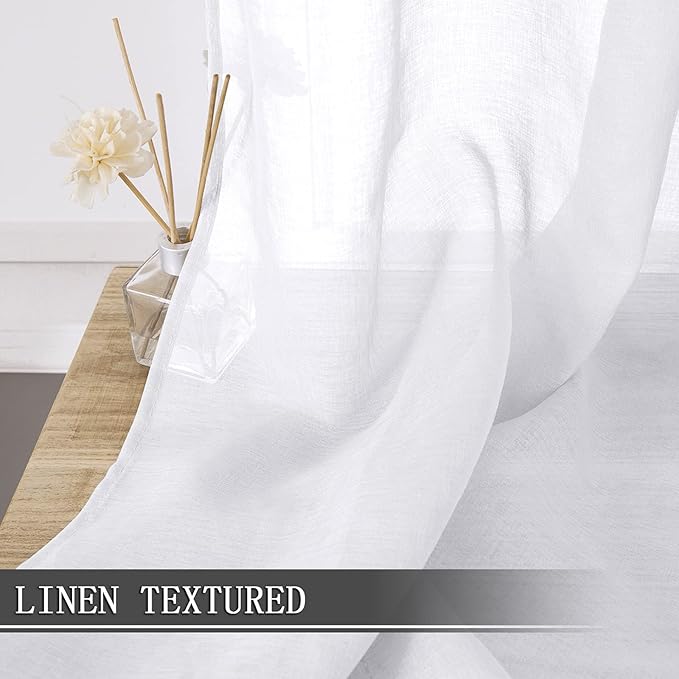 Tollpiz Sheer Curtains Linen Textured Bedroom Curtain Sheers Light Filtering Rod Pocket Voile Curtains for Living Room, 54 x 63 inches Long, White, Set of 2 Panels
